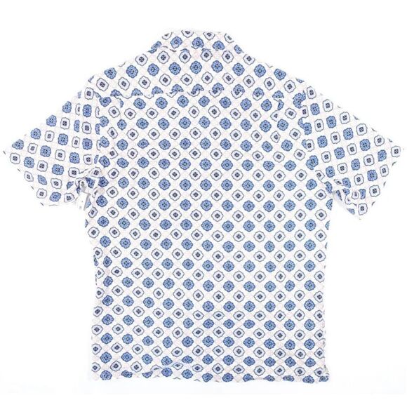 CLUB ROOM GEO PRINT BLUE BEIGE SILK BLEND SHORT SLEEVE BUTTON FRONT SHIRT NEW - Picture 2 of 5